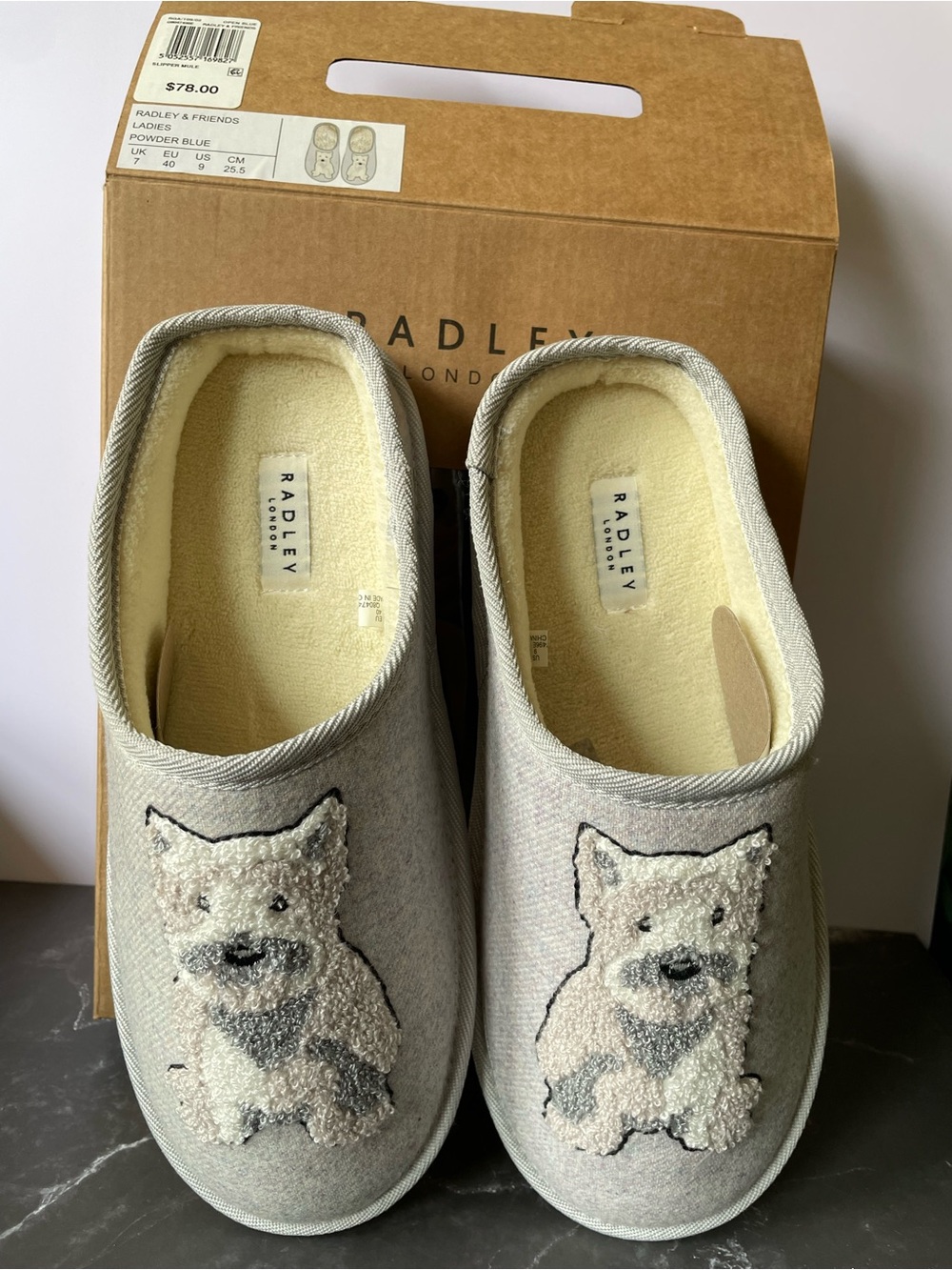 Brand New Radley London Radley and Friends Slipper Mule Westie Women’s size 9